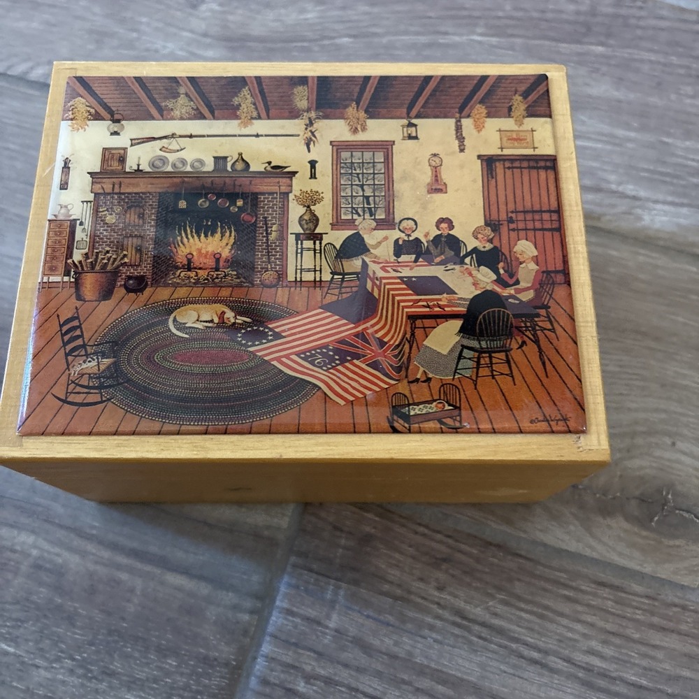 Charles Wysocki "The Quiltmakers" Decoupage Folk Art Wooden Box 7.5"